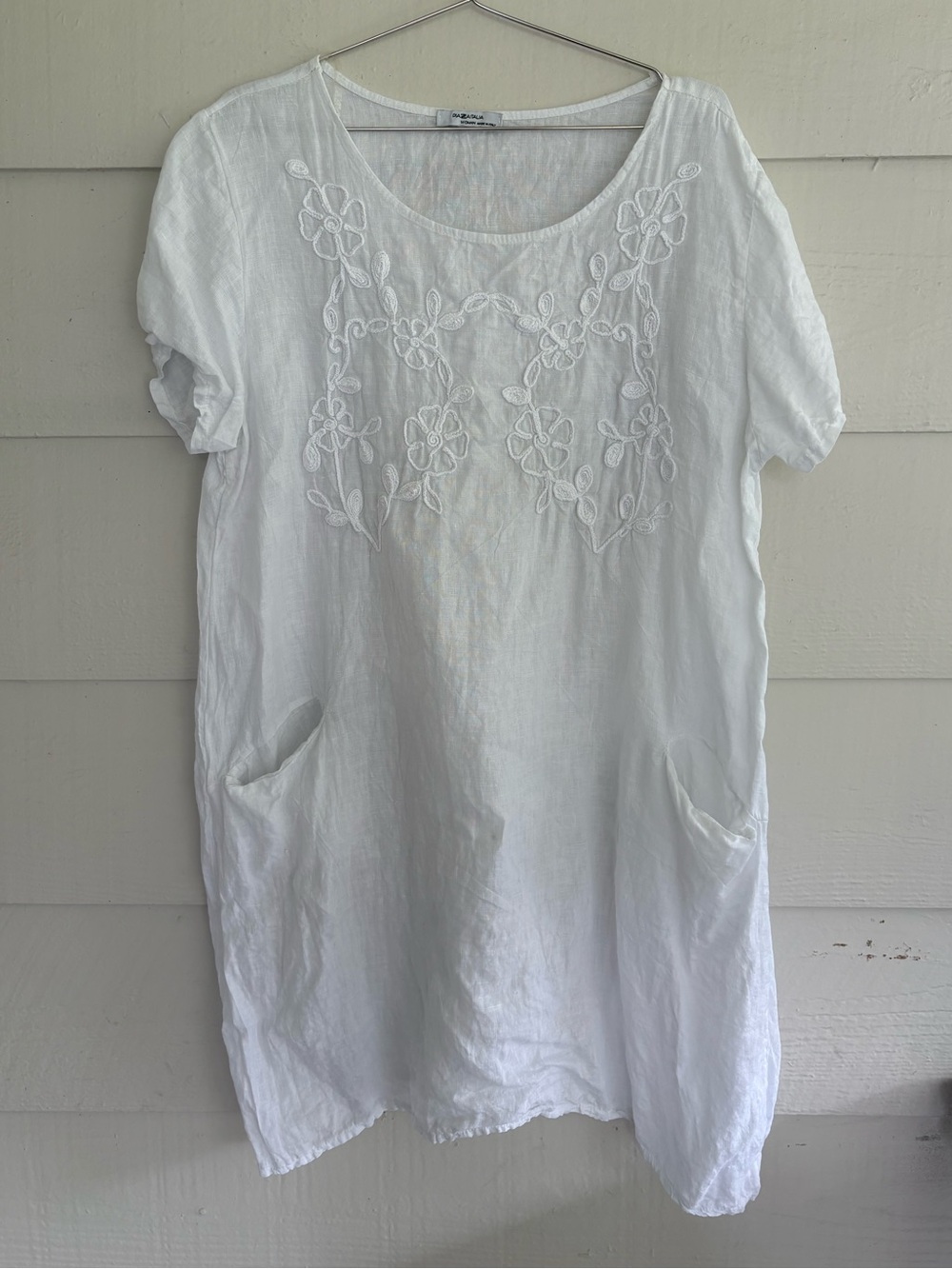 Piaza Italia White 100% Linen Embroidered Tunic Dress Made in Italy L/XL